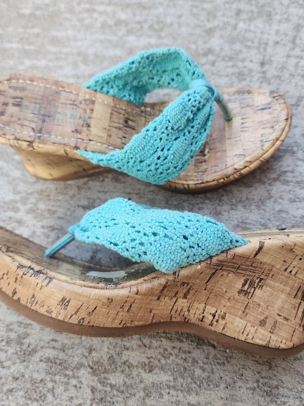 Arizona Jean Company Y2K Turquoise Crochet Cork Wedge Sandals, Sz 6